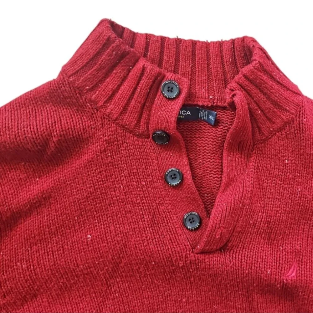 Nautica Red Wool Blend Sweater Men’s XXL Quarter Button Mock Neck Pullover Prep